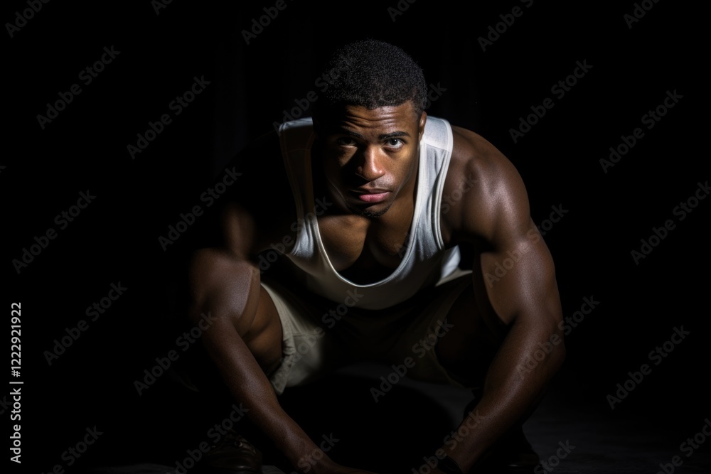 Fototapeta premium African American Man Squatting in the Dark with a Glance of Fashion and Style