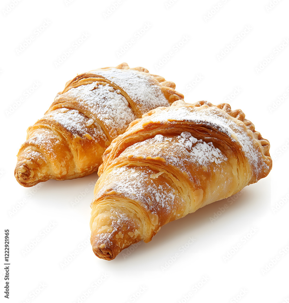 Flaky Croissants with Powdered Sugar on White Background Flaky Croissants with Powdered Sugar on White Background