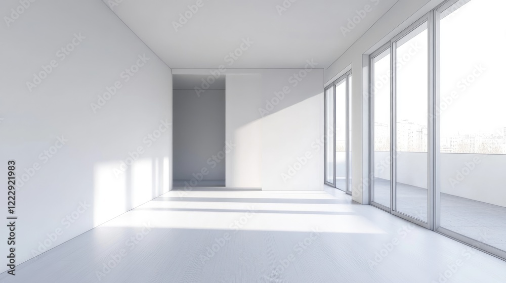 Fototapeta premium Modern Minimalist Living Room with White and Grey Color Scheme and Abundant Natural Light for Text Insert