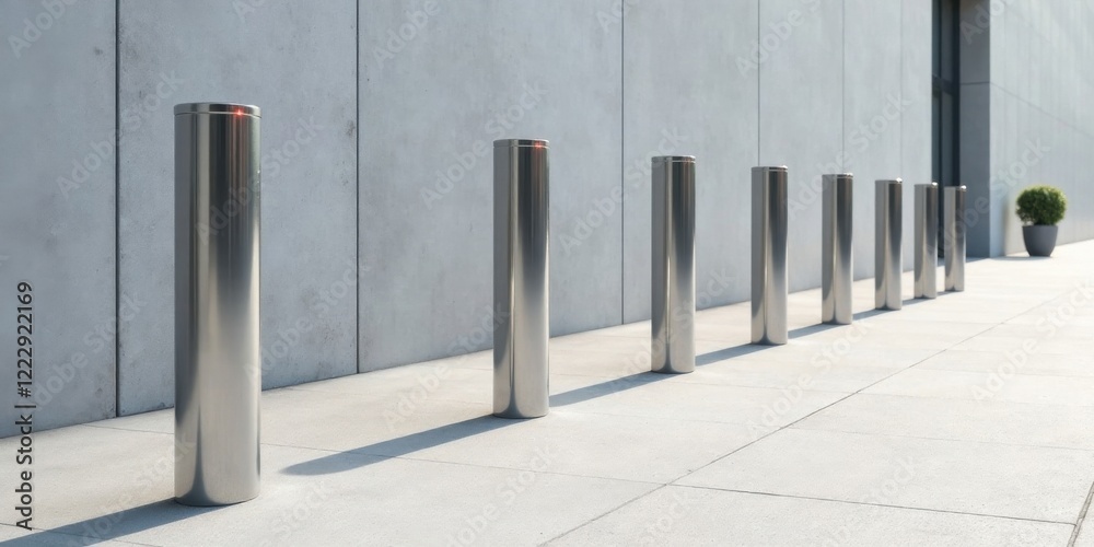 Fototapeta premium Sleek Metallic Bollards Line Modern Building Exterior Providing Security and Architectural Elegance