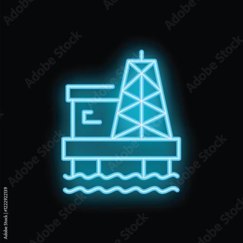 Blue neon icon of an oil platform extracting oil and gas in the ocean