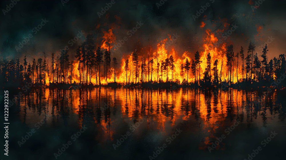 Obraz premium Wildfire erupts forest region dramatic nature scene nighttime frightening concept