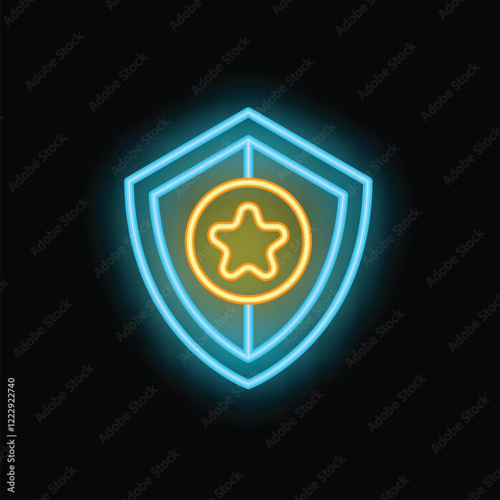Neon shield protecting a star glowing on a black background Neon shield protecting a star glowing on a black background