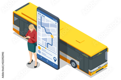 An isometric design showcasing a woman planning her bus journey via a mobile application alongside a large bus, symbolizing tech-integrated tourism