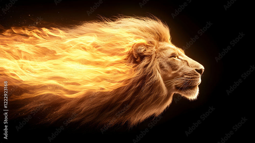 Fototapeta premium Fiery lion spirit abstract visuals dynamic imagery dark background side view strength and power concept