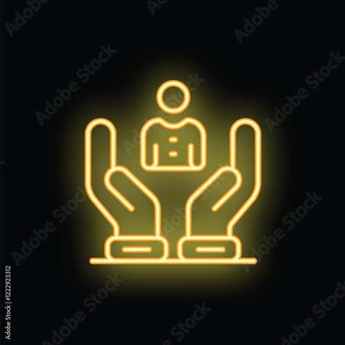 Yellow neon icon illustrating hands protecting a businessman, symbolizing customer care and retention