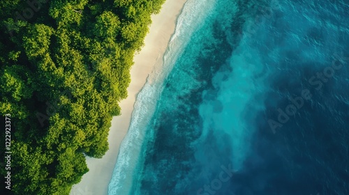 Aerial view of a pristine tropical beach with turquoise ocean and lush greenery inviting relaxation and travel inspiration