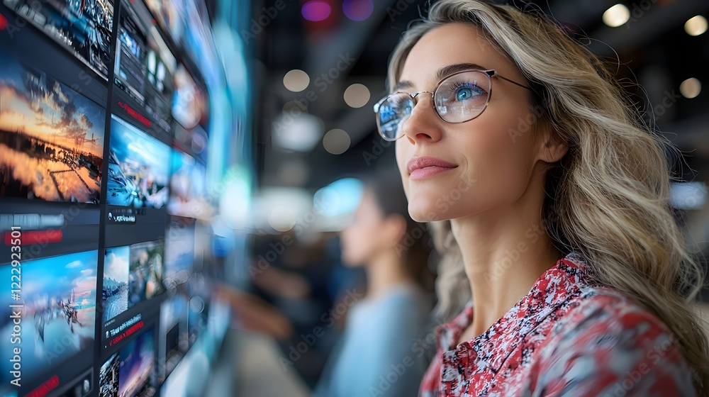 Young Woman Using Digital Display in Modern Technology Environment Young Woman Using Digital Display in Modern Technology Environment