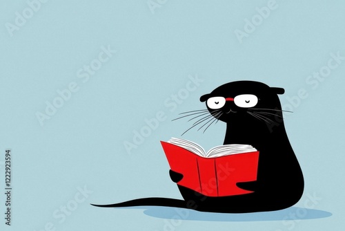 Cat reading book with red glasses on blue background