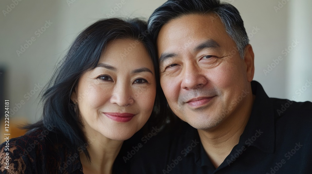 Happy mature Asian couple embracing with joyful smiles in close-up portrait, ideal for love and relationship themes with space for text. Happy mature Asian couple embracing with joyful smiles in close-up portrait, ideal for love and relationship themes with space for text.