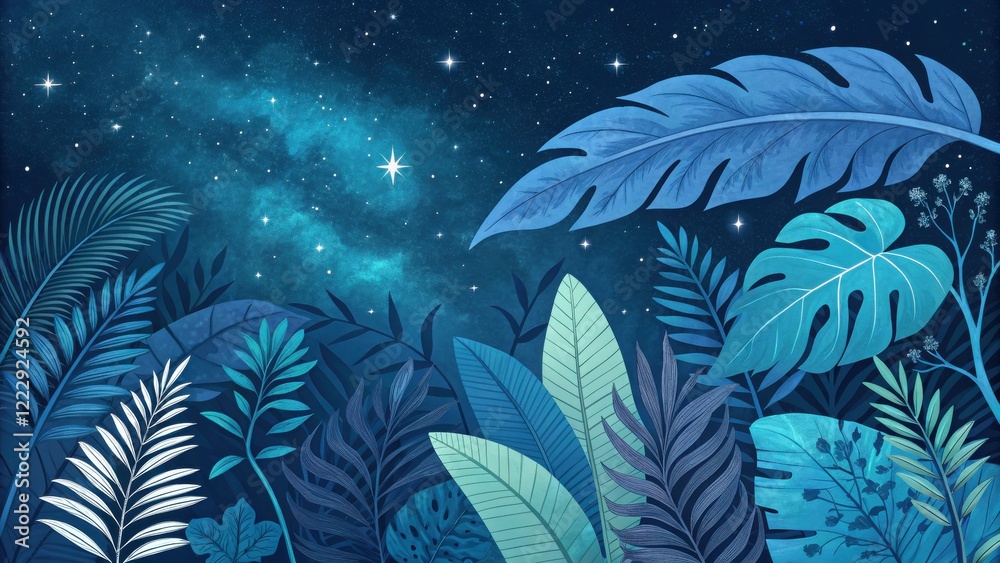 Fototapeta premium Night Sky Dreams: A whimsical night sky scene with a mesmerizing galaxy and shining stars, adorned with lush tropical foliage in a beautiful blue and green color palette.