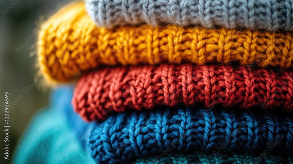 Colorful knitted winter apparel stacked neatly with soft textures and empty space for custom text or branding purposes Colorful knitted winter apparel stacked neatly with soft textures and empty space for custom text or branding purposes
