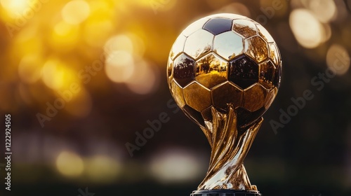 Gleaming soccer trophy with gold accents against a blurred background showcasing empty space for promotional text and advertising purposes photo