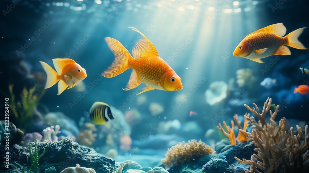 Fototapeta premium A vibrant underwater scene with colorful fish swimming among corals.