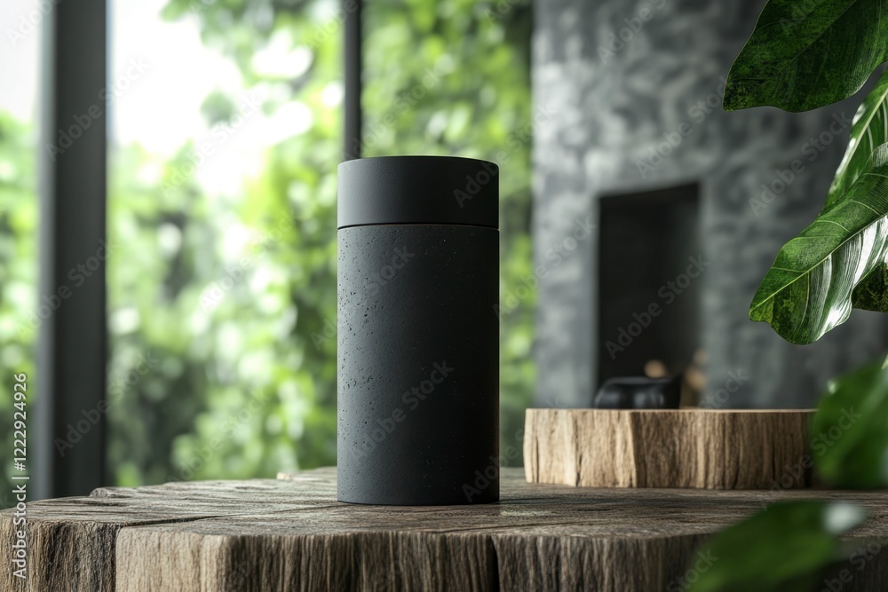 Minimalistic Black Container on Wooden Table in Modern Interior Setting Minimalistic Black Container on Wooden Table in Modern Interior Setting