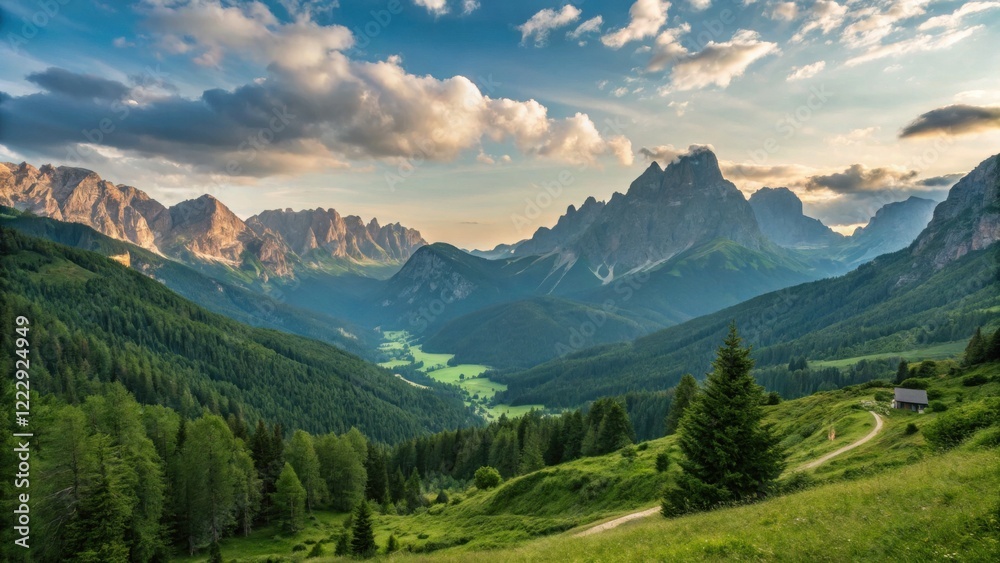 Fototapeta premium Serene Mountain Valley: A breathtaking panorama of a verdant valley nestled amongst towering mountains, bathed in the soft light of the setting sun.