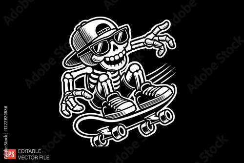 Skeleton Playing Skateboard Black and white silhouette Illustration vector design