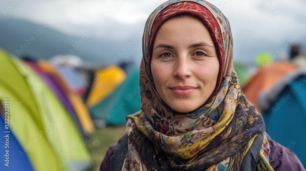 Smiling woman in a colorful scarf stands amidst a vibrant camping scene in a mountainous area during a cloudy day Smiling woman in a colorful scarf stands amidst a vibrant camping scene in a mountainous area during a cloudy day