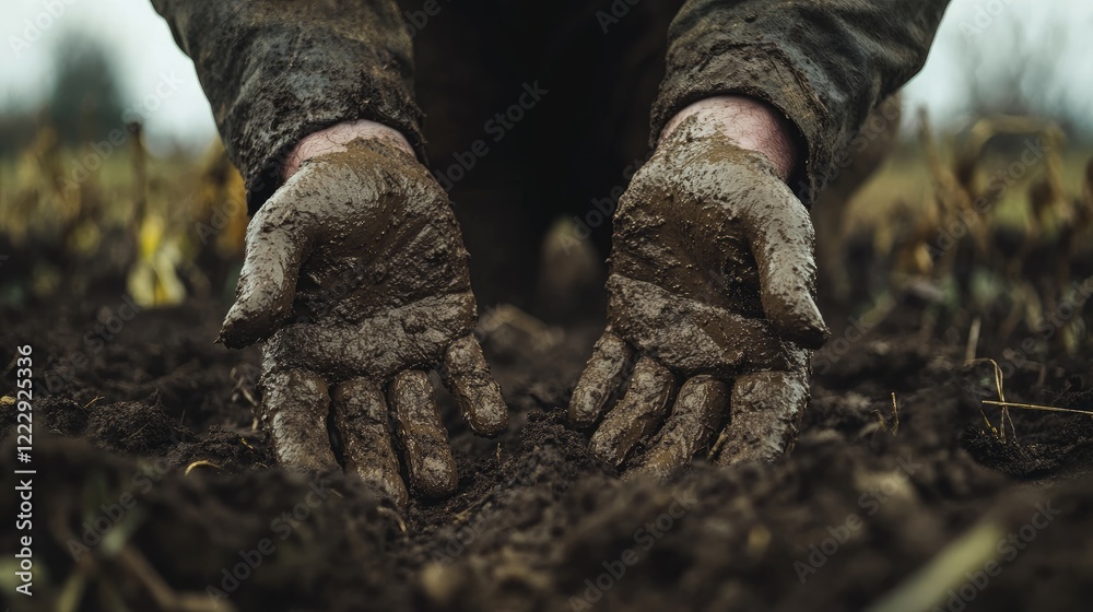 Muddy hands of a farmer symbolizing historical agricultural labor challenges and the impact of neglect on crop cultivation and field productivity. Muddy hands of a farmer symbolizing historical agricultural labor challenges and the impact of neglect on crop cultivation and field productivity.