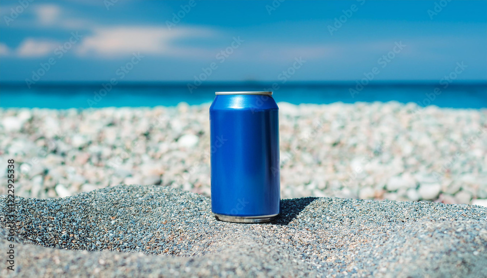 Blue aluminum can on gravel beach. Beer or soda drink package. Blue sea or ocean on backdrop Blue aluminum can on gravel beach. Beer or soda drink package. Blue sea or ocean on backdrop