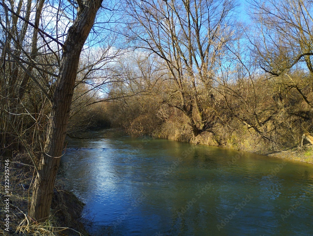 Beautiful small river in spring with large bare willows on the banks. Beautiful calm clean river with a quiet flow and overgrown banks. Beautiful small river in spring with large bare willows on the banks. Beautiful calm clean river with a quiet flow and overgrown banks.