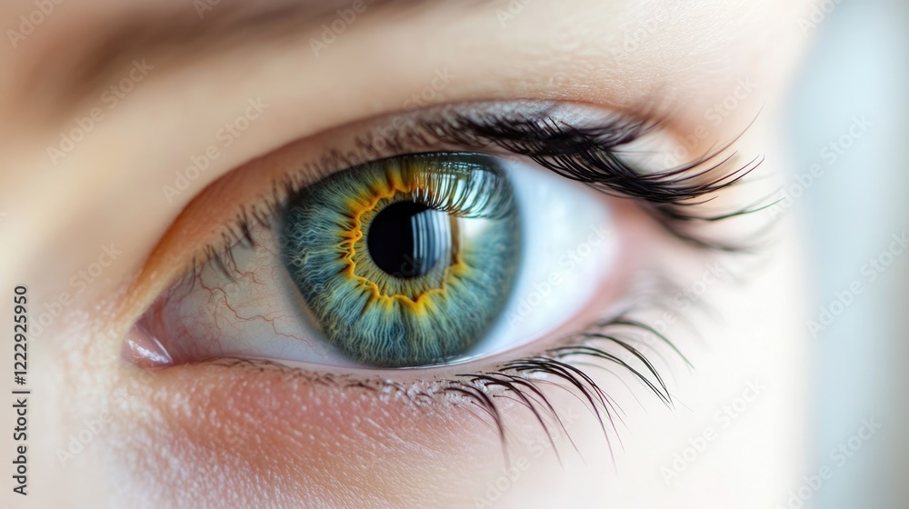 Fototapeta premium Human eye close up with vibrant iris details and abstract technology background featuring ample copy space for text and graphic design elements.