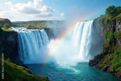 a breathtaking rainbow arcing across the upper part of the falls, breeze, waterfall, dew photo