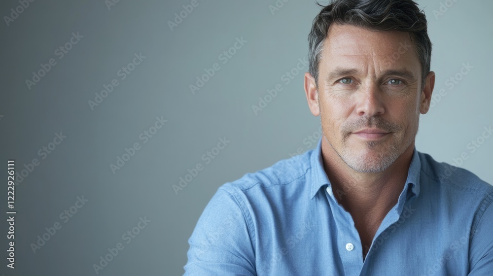 Confident middle-aged man in blue shirt displaying charisma and competence with space for text in professional setting Confident middle-aged man in blue shirt displaying charisma and competence with space for text in professional setting