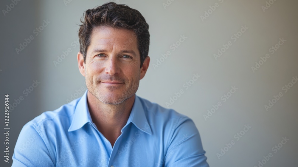 Confident middle-aged man in blue shirt showcasing charisma with neutral background for text placement in professional settings Confident middle-aged man in blue shirt showcasing charisma with neutral background for text placement in professional settings