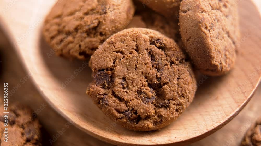Crumbly oat biscuits with chocolate chips in a wooden rustic spoon. Fresh crispy cocoa cookies. Close-up. Rotation Crumbly oat biscuits with chocolate chips in a wooden rustic spoon. Fresh crispy cocoa cookies. Close-up. Rotation