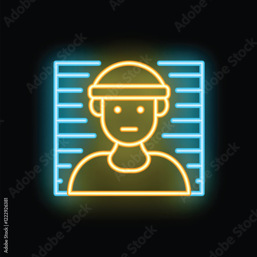 Neon illustration of a man posing for a mugshot during a police lineup