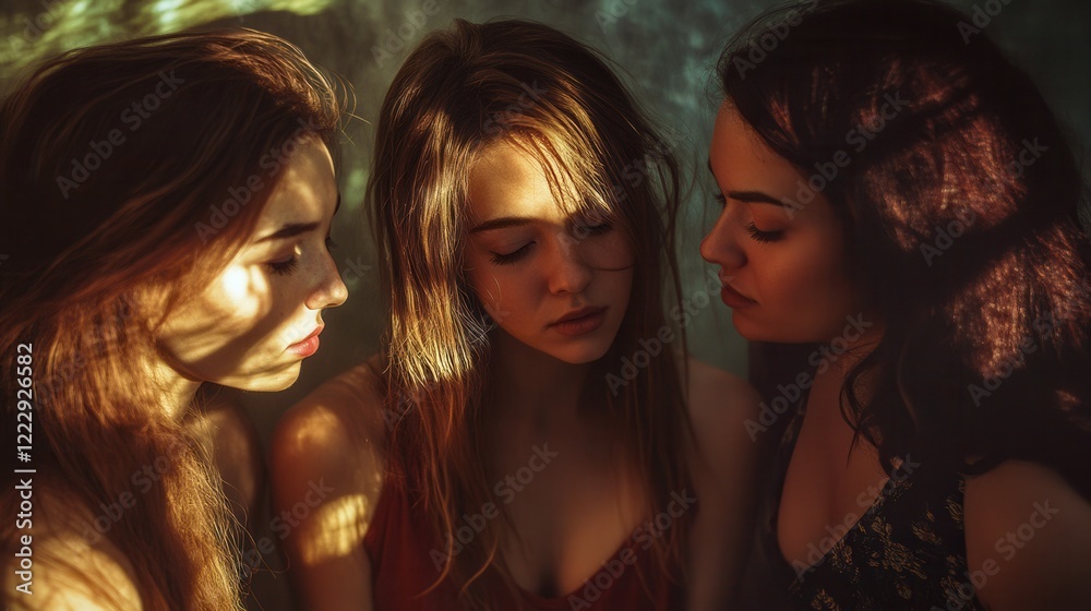 Three friends sharing a moment in soft light surrounded by nature during the golden hour Three friends sharing a moment in soft light surrounded by nature during the golden hour