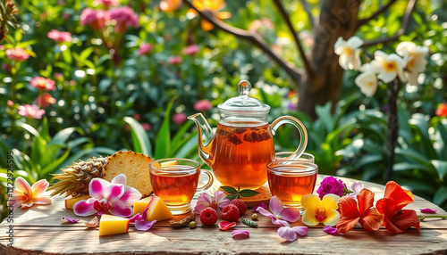 A scenic arrangement of tea, tropical fruits, and vibrant flowers displayed outdoors amid a lush garden setting. The image evokes a sense of relaxation, tropical vacation vibes, and serene natural bea