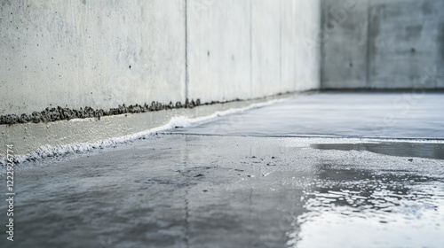 Completed Concrete Foundation with Waterproofing and Reinforcement Featuring Smooth Surface and Empty Space for Custom Text photo
