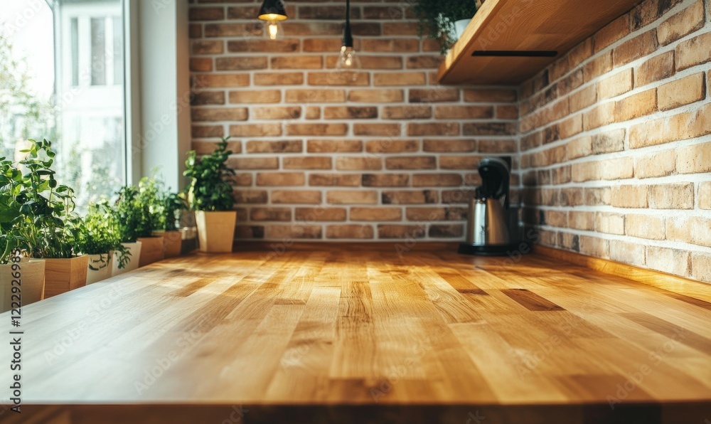 Obraz premium Modern kitchen interior with wooden countertop and brick backsplash