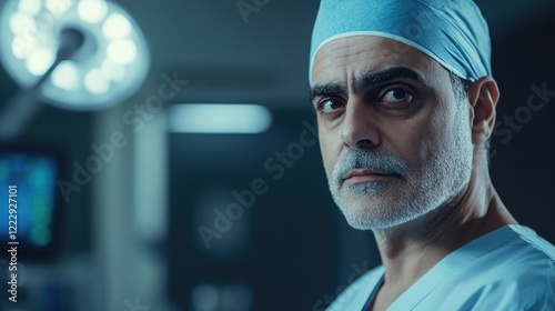 Compassionate middle aged doctor in hospital setting with empty copy space for text and medical equipment background