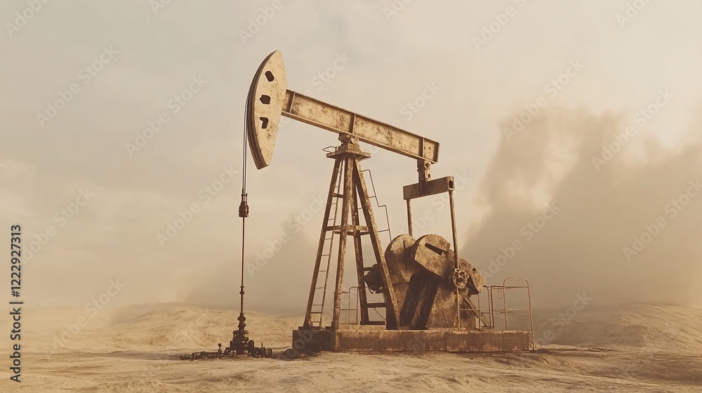 Desert oil pump jack, dust storm background, energy extraction Desert oil pump jack, dust storm background, energy extraction