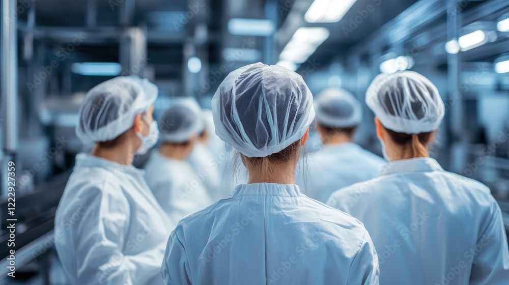 Close up of factory workers in white uniforms and hairnets with empty space for text in a production environment