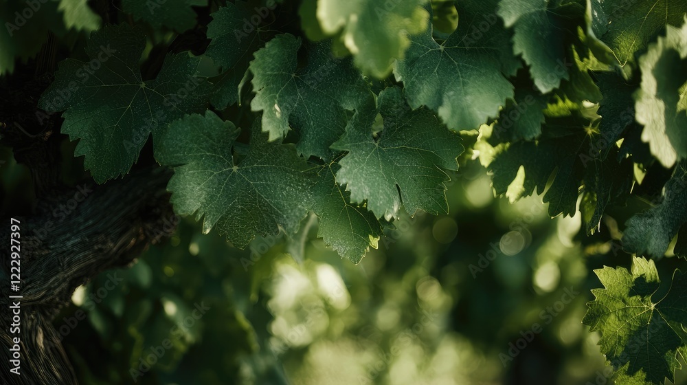 Close up of lush green grapevine leaves in a vineyard offering natural beauty and ample space for text placement in a serene atmosphere Close up of lush green grapevine leaves in a vineyard offering natural beauty and ample space for text placement in a serene atmosphere