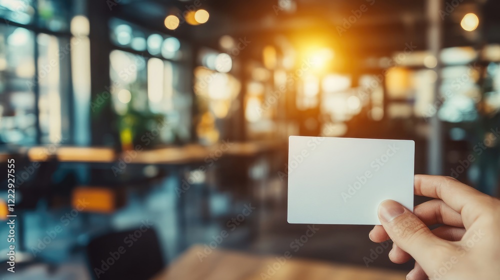Hand holding a blank business card in a blurred modern office setting with ample copy space for text or branding purposes. Hand holding a blank business card in a blurred modern office setting with ample copy space for text or branding purposes.