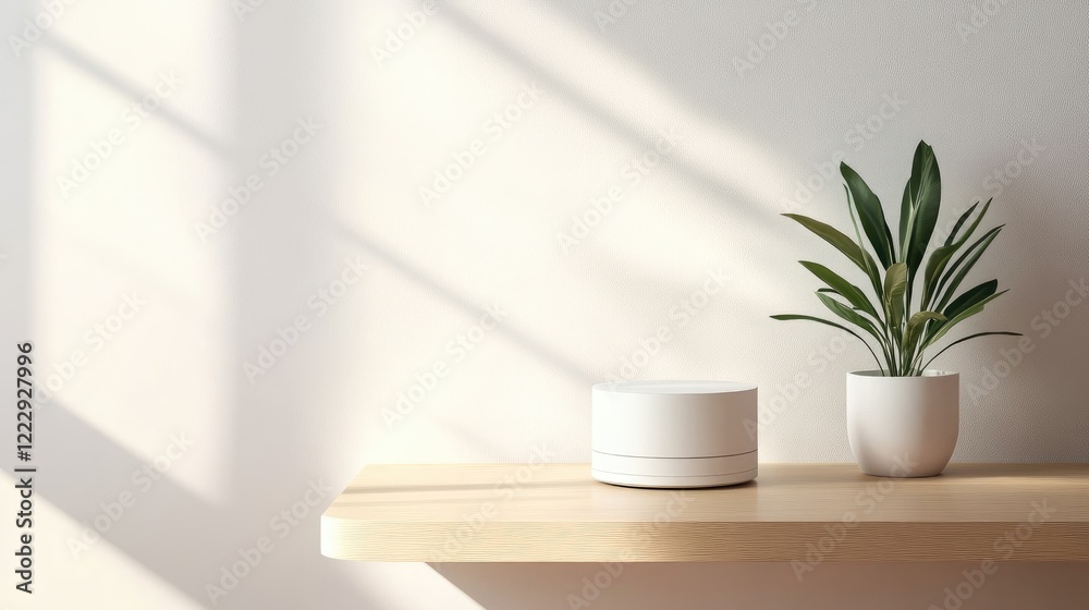 Compact Smart Wi Fi Mesh Router on Modern Desk with Empty Space for Text and Decorative Plant in Minimalist Interior Setting Compact Smart Wi Fi Mesh Router on Modern Desk with Empty Space for Text and Decorative Plant in Minimalist Interior Setting
