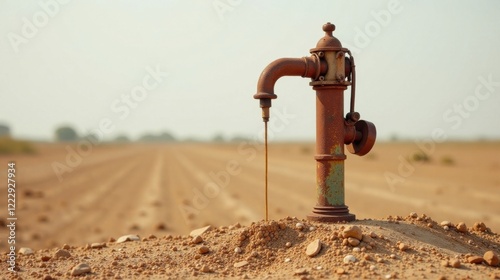 Rusty hand pump in arid landscape, a symbol of resilience and resourcefulness in harsh environments.