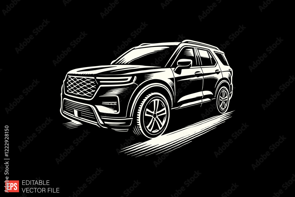 Naklejka premium Modern SUV car Black and white silhouette Illustration vector design
