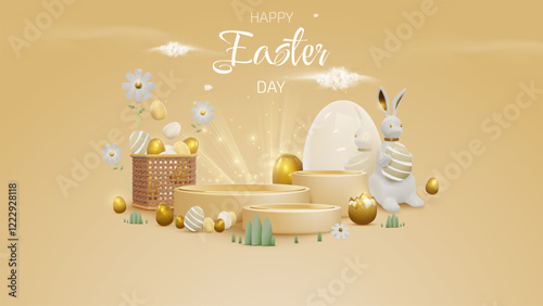 Easter promotional poster template with traditional elements of golden eggs, rabbits, egg baskets, flowers, display stands, clouds, elegant holiday background design.