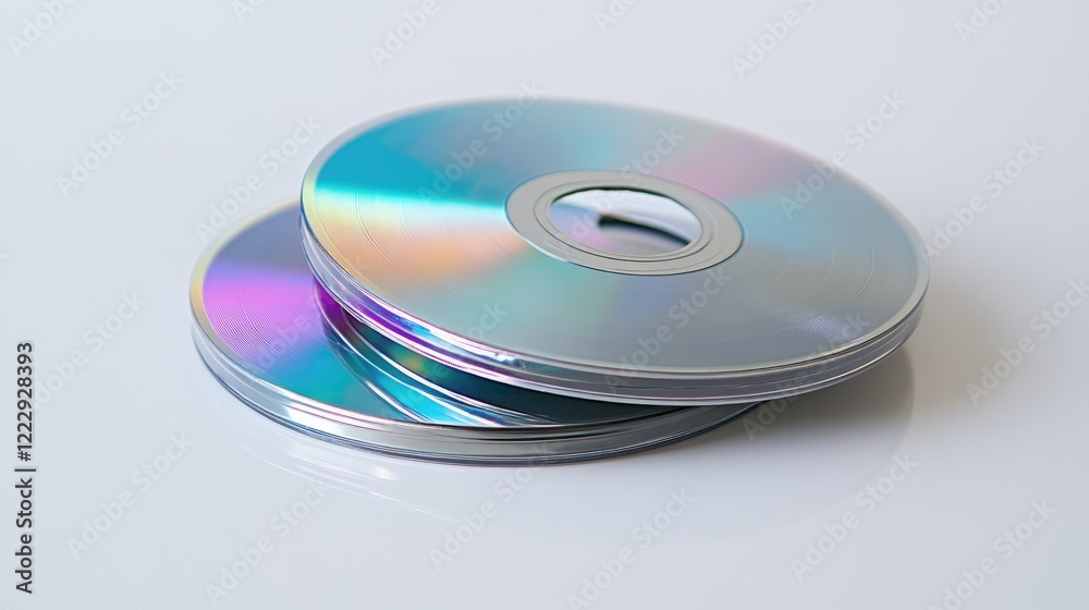 Compact discs and DVDs stacked on a white background with ample empty space for personalized text or branding options Compact discs and DVDs stacked on a white background with ample empty space for personalized text or branding options
