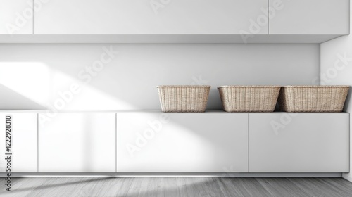 Stylish compact laundry room featuring storage baskets and ample empty space for customizable text or branding.