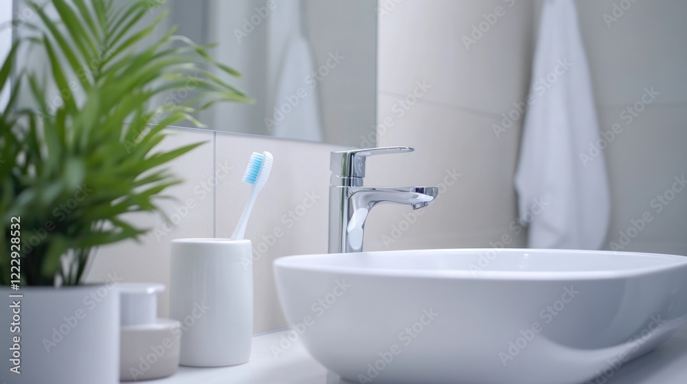 Fototapeta premium Modern bathroom setting featuring a toothbrush and toothpaste with minimalist decor and ample empty space for text or branding.