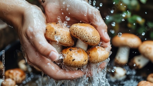 Hands gently washing fresh mushrooms under running water with droplets creating a dynamic scene and ample space for text or graphics photo