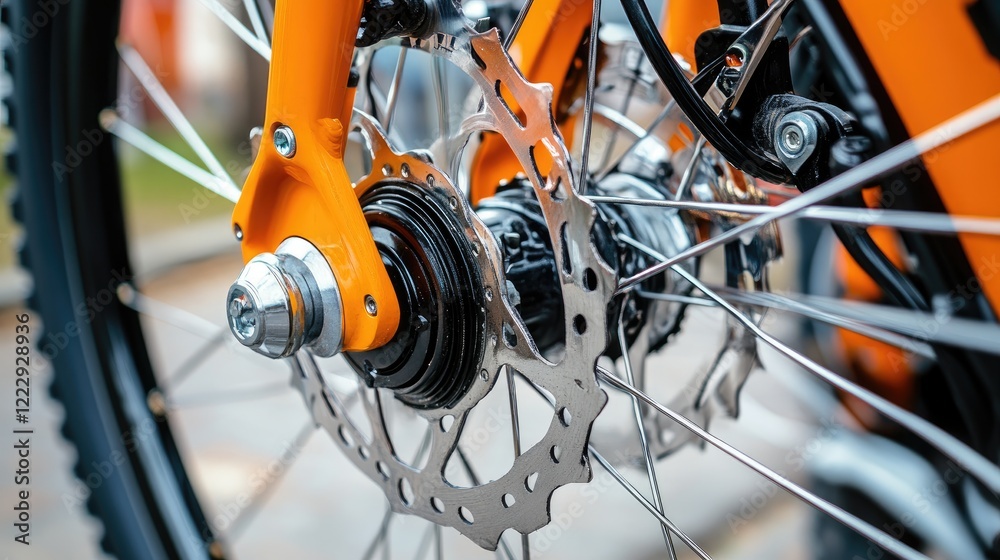 Obraz premium Detail of the wheelbase and hub assembly on a modern electric bike with blank space for text or logo placement