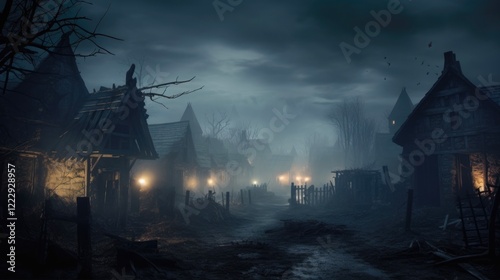 Black Plague Horror Concept Design of a Dark and Creepy Village in Gothic Style with Heavy Fog and Dark Background for Halloween. 3D Rendering